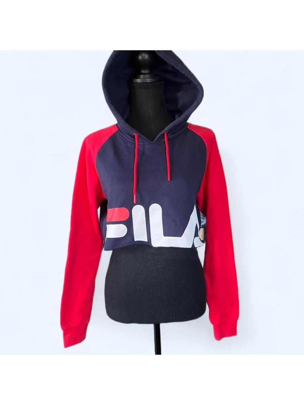 Vintage Y2K Fila Cropped Hoodie Red & Navy Fairycore Sweatshirt Size Small
